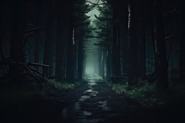 Fototapeta premium Pathway Through Dark Forest, Leading To Unknown Adventures