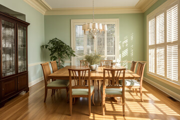 A Tranquil and Elegant Dining Room with Sage Green and Cream Colors, Harmonious Furniture, and Serene Window Treatments, Creating a Welcoming Ambiance.