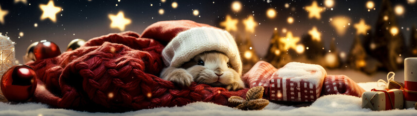 A cute bunny wearing a hat resting cozily amidst a pile of soft blankets set against a whimsical and festive backdrop.