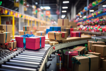 Closeup of multiple colorful fancy Christmas gift and presents moving along a conveyor belt in a warehouse fulfillment center, which decorated by christmas ornament. - obrazy, fototapety, plakaty
