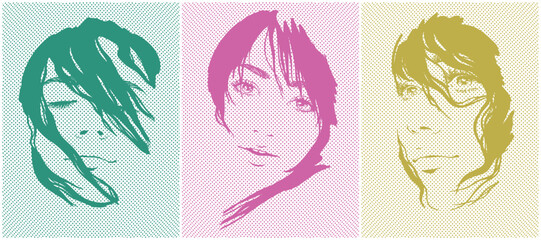 Woman face outline. Dotted vintage fashion poster. 50s, 60s pop art