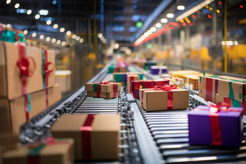 Closeup of multiple colorful fancy Christmas gift and presents moving along a conveyor belt in a warehouse fulfillment center, which decorated by christmas ornament. - obrazy, fototapety, plakaty
