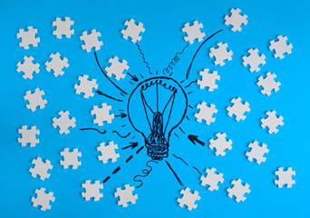 Business concept,collaboration,cooperation,teamwork, innovation,human resources,recruitment,team building with jigsaw puzzle pieces and lightbulb scribble