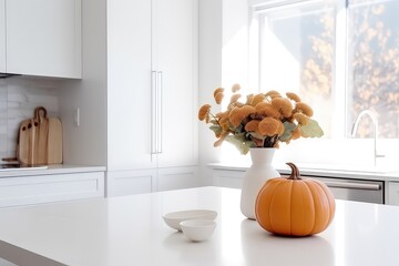 White Modern Kitchen Decorated For Fall, Featuring Orange Pumpkins And Leaves