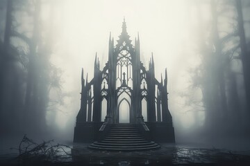 Abandoned Gothic Chapel With Columns And Fog, Digitally Generated Art