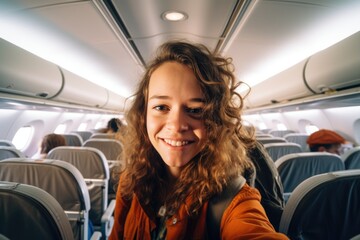 Smiling portrait of a happy young caucasian woman boarding a commercial airplane