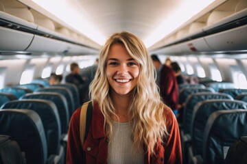 Smiling portrait of a happy young caucasian woman boarding a commercial airplane