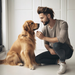 modern man looking tenderly and with feeling at his beloved dog. Generative AI
