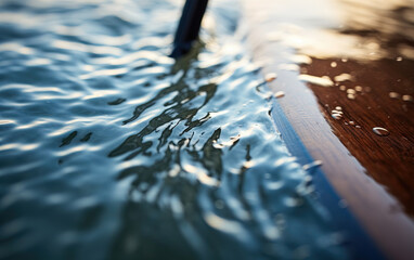 Close-up of a paddle and a surf board gently gliding through calm waters. Standup paddleboarding (SUP) or paddlesurfing concept.