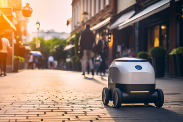 Selective focus at small delivery robot on the sidewalk in the city. - obrazy, fototapety, plakaty