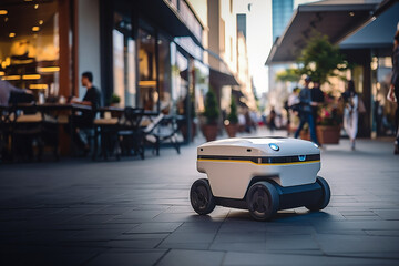 Selective focus at small delivery robot on the sidewalk in the city.
