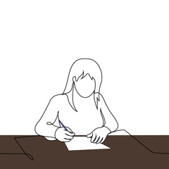 woman sits at the table and writes with a pen on a sheet of paper - one line art vector. concept writing a letter, signing a document, morning pages