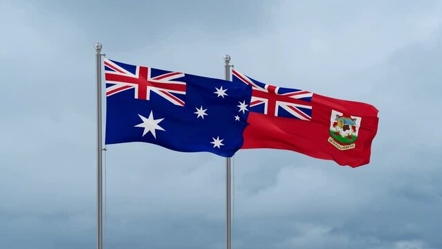Australia flag and Bermuda or Somers Isles flag waving together on cloudy sky, endless seamless loop