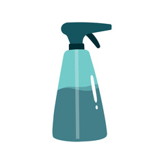 Vector flat illustration with green spray bottle. Poster for guide about plant growing at home. Antibacterial liquid in plastic container for disinfection. Hygiene equipment for health care