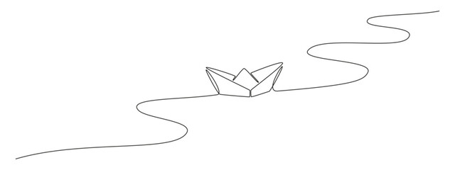 One continuous line drawing of paper boat. Origami ship concept for success leadership of business in simple linear style. Editable stroke. Doodle Vector illustration