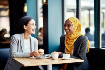 Happy smiling female friends sitting in a café laughing and talking during a lunch break