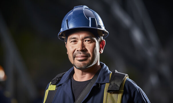 A middle aged Southeast Asian male worker wearing a hard hat at a construction site