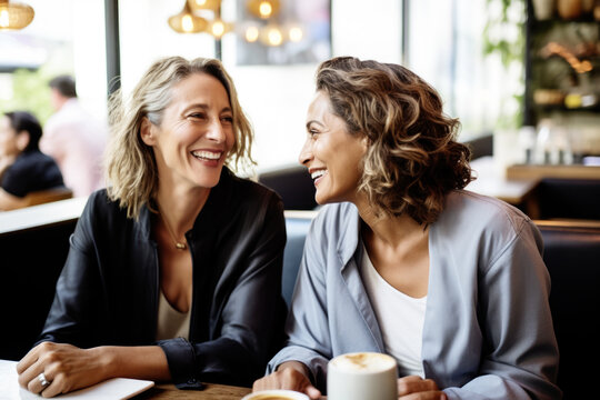 Happy Smiling Middle Aged Female Friends Sitting In A Café Laughing And Talking During A Lunch Break