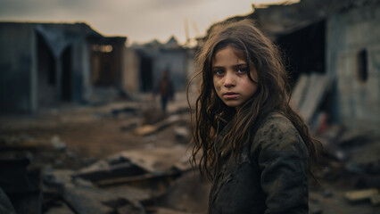 Fototapeta premium A girl with a sad expression standing in a ruined village in the Middle East