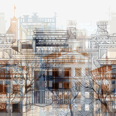 Urban tales: sketch of houses and trees endless motif. Digital art and watercolour, ink texture. Seamless vintage border for packaging, scrapbooking, textile.  - 656435153