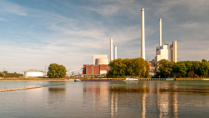 View to the Rhine port steam power plant and the entrance to the Rhine port in Karlsruhe