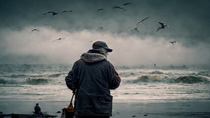 Fisherman fishing on the coast of the ocean during the foggy day in Santa Cruz