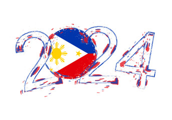 2024 Year in grunge style with flag of Philippines.