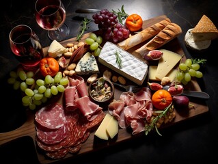 Sumptuously arranged charcuterie spread. Laid on a pristine marble surface, the selection of...