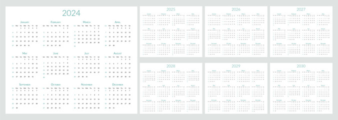 2024 2025 2026 2027 2028 2029 2030 years calendar. The week starts on Sunday. Desk planner template with 12 months. Yearly stationery diary. Vector illustration - obrazy, fototapety, plakaty