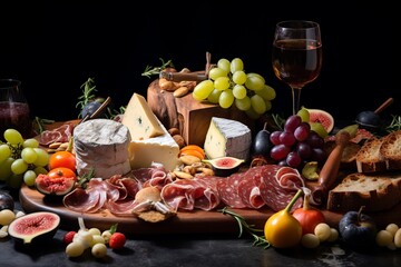Sumptuously arranged charcuterie spread. Laid on a pristine marble surface, the selection of...