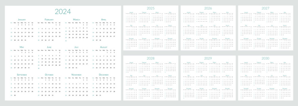 2024 2025 2026 2027 2028 2029 2030 years calendar. The week starts on Sunday. Desk planner template with 12 months. Yearly stationery diary. Vector illustration