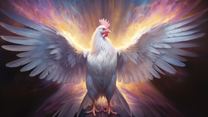 Chicken posing under divine light