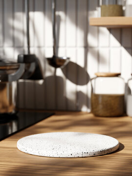 3d terrazzo display podium on wooden counter bar in the kitchen. 3d rendering of realistic presentation for product advertising. 3d minimal illustration.