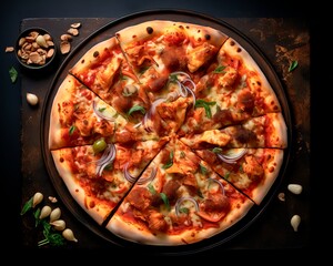 Fresh baked pizza closeup on wooden board