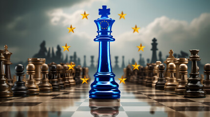 Superpower strategy: Chess king of the European Union in the colors of the flag. - obrazy, fototapety, plakaty