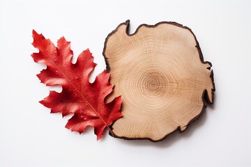oak slice on white background with red leaves on the top, in the style of nostalgic mood, handcrafted objects, photo taken with nikon d750, eco-friendly craftsmanship, norwegian nature, warm tonal ran