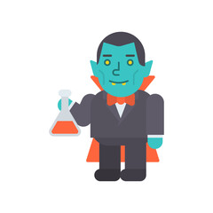 Vampire three quarters holds test tube and smiles