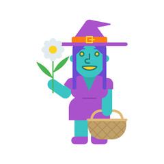 Witch holding flower holding basket and smiles