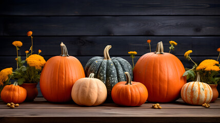 Autumn harvest pumpkin on wooden background
