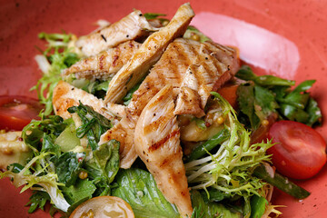 Salad with chicken fillet. Close up