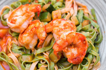 Pasta with shrimp. Close up