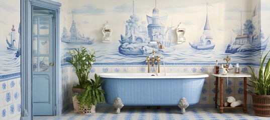 blue and white bathroom interior, in the style of neoclassical scenes, light beige and gold, detailed botanical illustrations