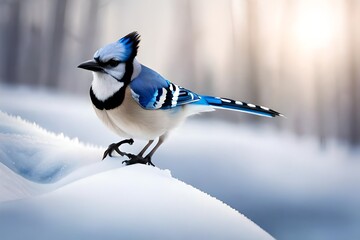 Winter bird blue jay lands on a branch. - obrazy, fototapety, plakaty