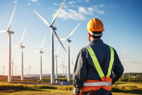 renewable energy, Worker looking and enjoying windmills, wind energy, AI generated