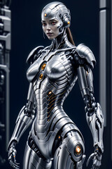 A female cyborg with shiny eyes standing in a dark spaceship hallway.