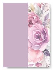 Corner of purple rose flower arrangement on wedding invitation background. Beautiful border wedding card invitation.