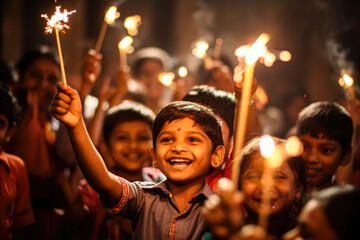 young boy holding sparklers celebrating diwali