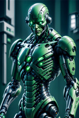 A green cyborg with bright luminous eyes standing in a dark spaceship hallway.