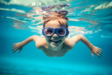 Young boy with goggles swimming underwater in swimming pool - obrazy, fototapety, plakaty