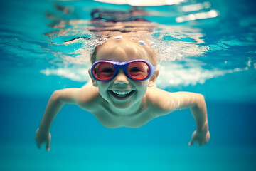 Naklejka premium Young boy with goggles swimming underwater in swimming pool